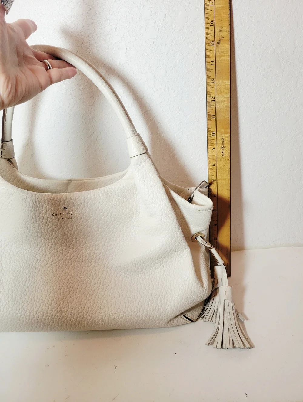 Kate Spade New York Clotted Cream Pebbled Tassel Polka Dot Gold Handbag - Read
